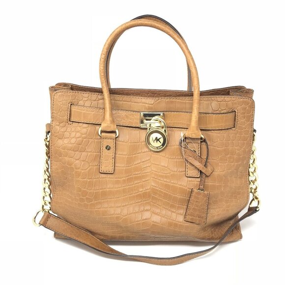 MICHAEL Michael Kors Hamilton Large Tote Handbag Mocha Gold Hardware Croc - Picture 6 of 16